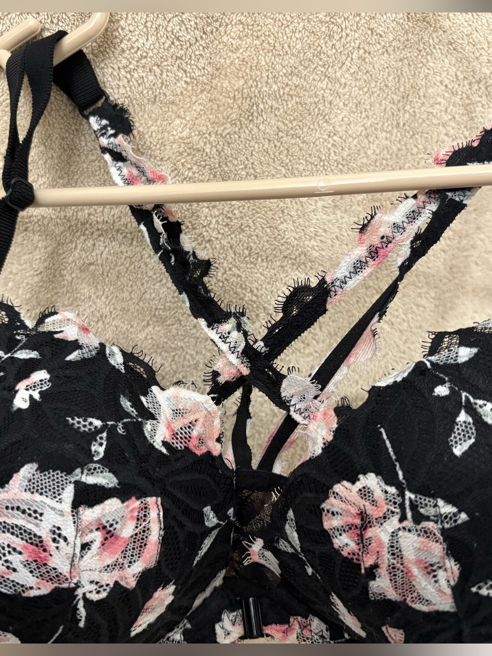 PINK Victoria's Secret Black Lace Bra with Pink Floral Print - Picture 3 of 3